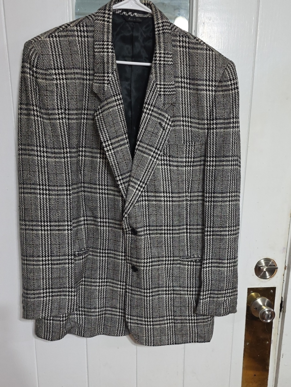 London Square 100% Tussam Silk Sports Coat Black/White Woven Plaidish Sz 44L EUC